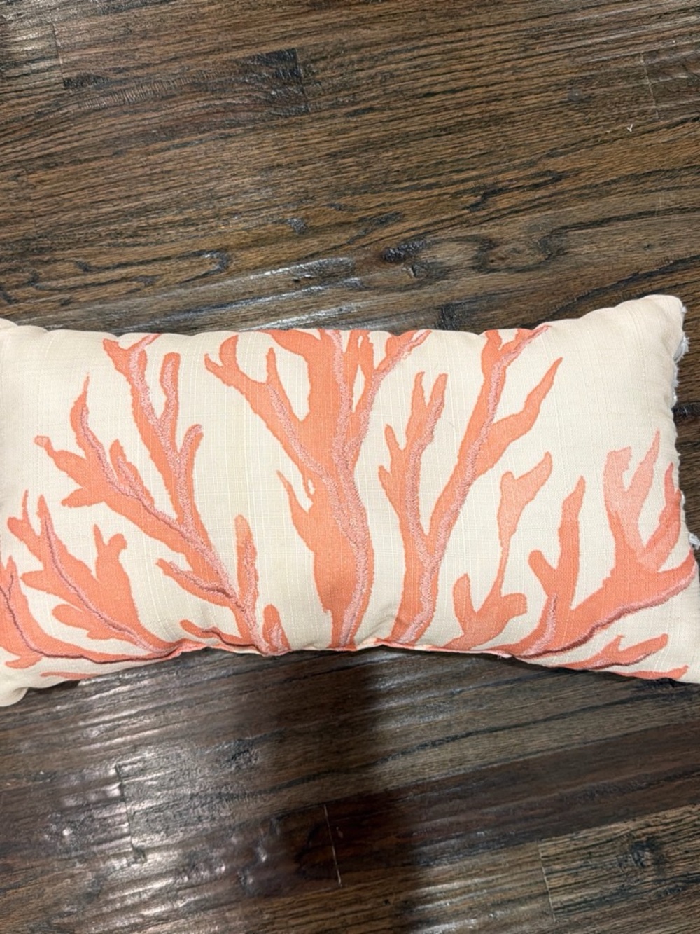 Coral Branch Embroidered Lumbar Pillow - Cream and Coral